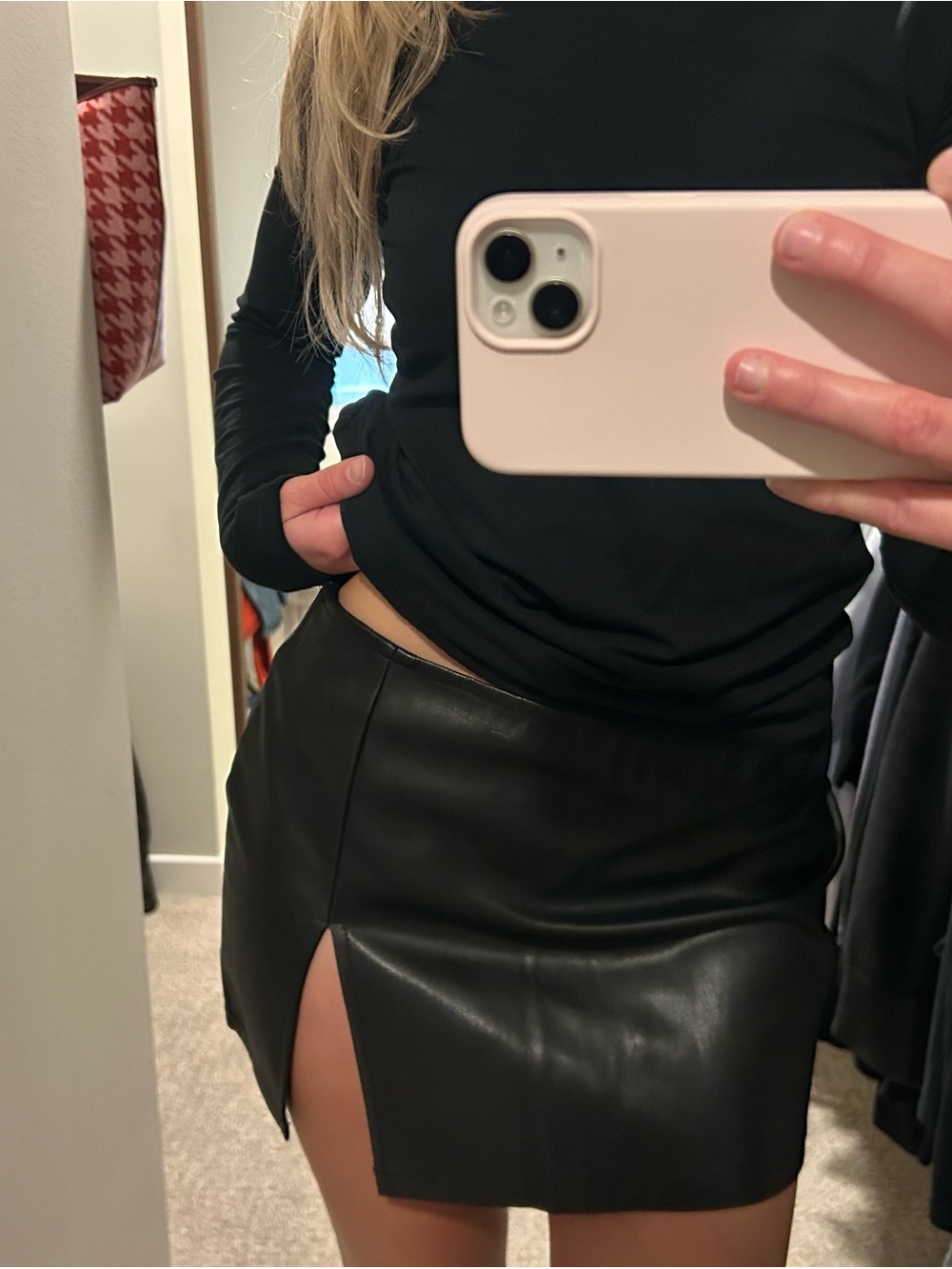 AFRM Black Faux Leather Mini Skirt with Front Slit - Women